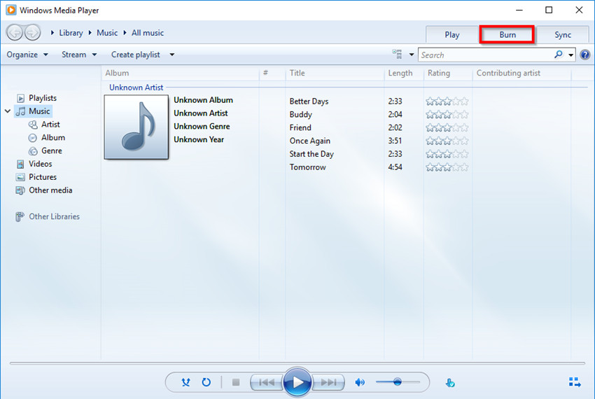 Burn Music to CD on Windows 10 - Start Windows Media Player and Choose Burn Option