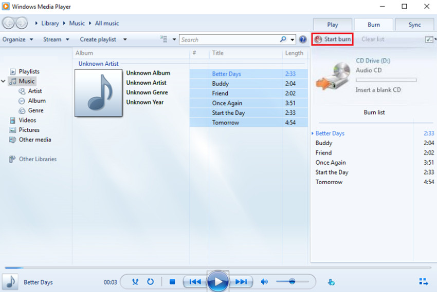 Burn Music to CD on Windows 10 - Start Burning CD