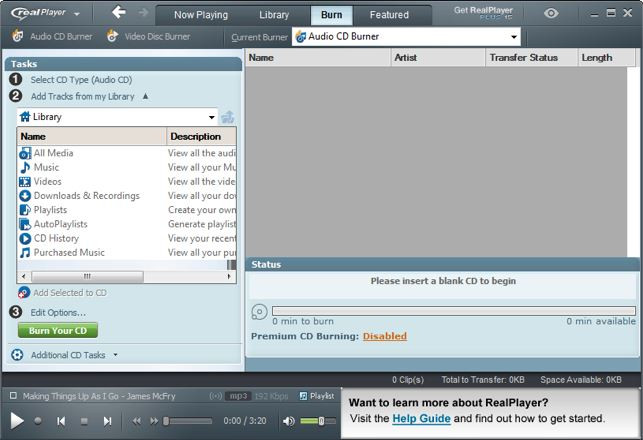 er Real Player udstyret med CD Burner - Launch RealPlayer på din Computer