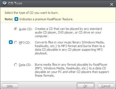 este Real Player echipat cu CD Burner - alege Audio CD