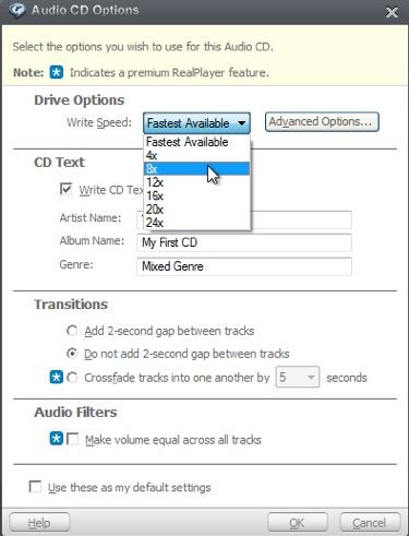 Is Real Player Equipped with CD Burner - Select Burning Speed