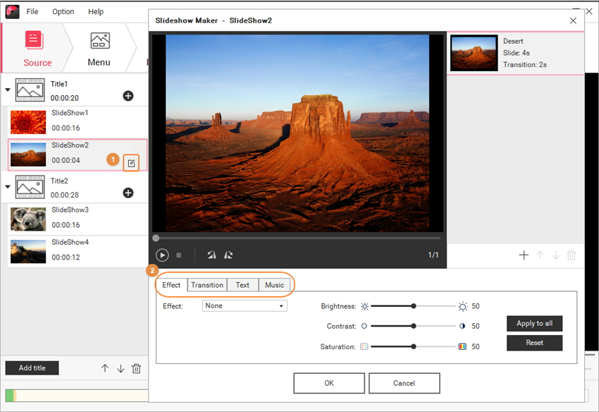 Edite fotos de apresentação de slides com parâmetros diferentes