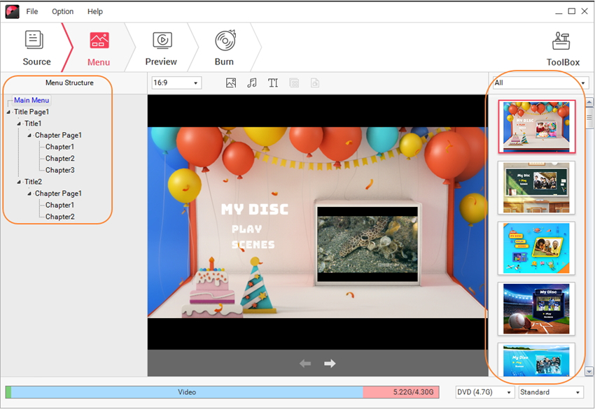Choose DVD template on Video to DVD tool