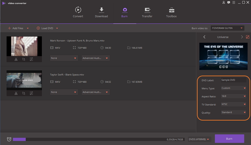 Choose DVD label and other parameters