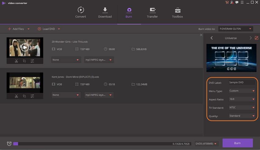 Enter DVD label and choose other parameters