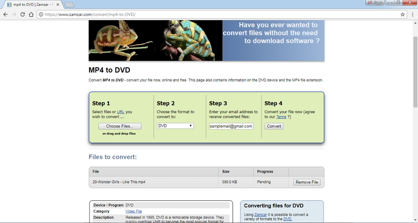 convertir MP4 en DVD gratuit en ligne en utilisant Zamzar